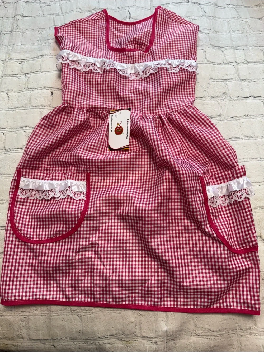 Pet Warrior Dog Custome Red & White Gingham Apron Dress with Lace Trim. Hallowee